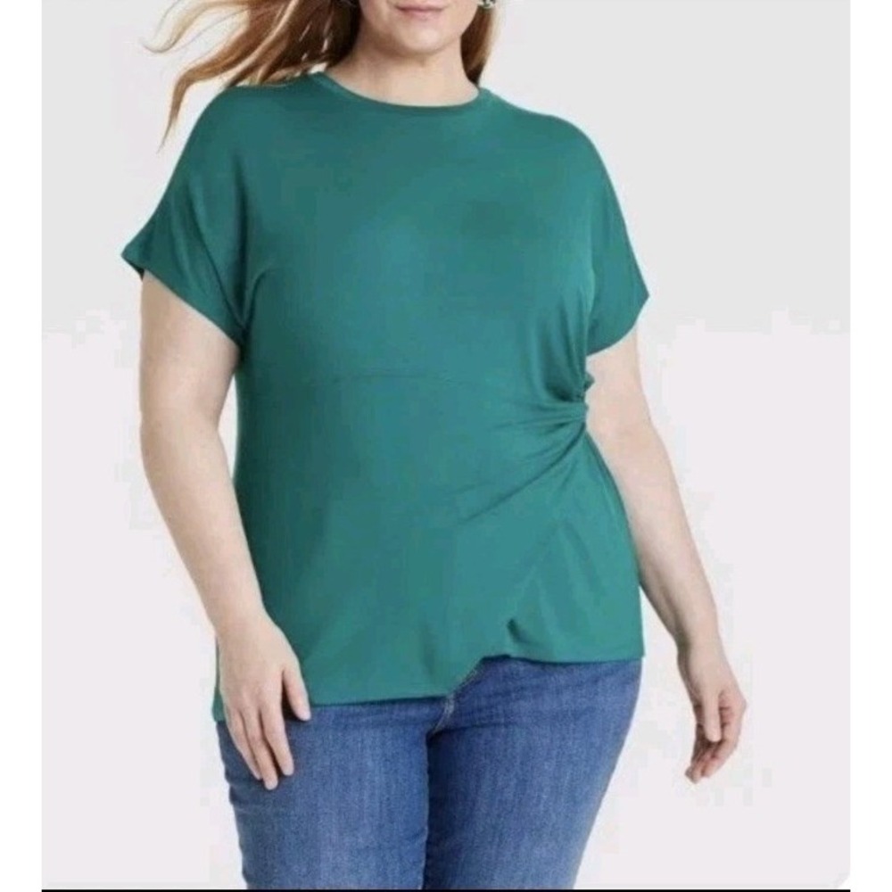 Ava & Viv Women's Green Shirt Top Plus XXL Relaxed Stretch Twist-Front Blouse